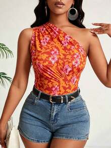 Top unicolor de un hombro fruncido - Naranja - Ver 1