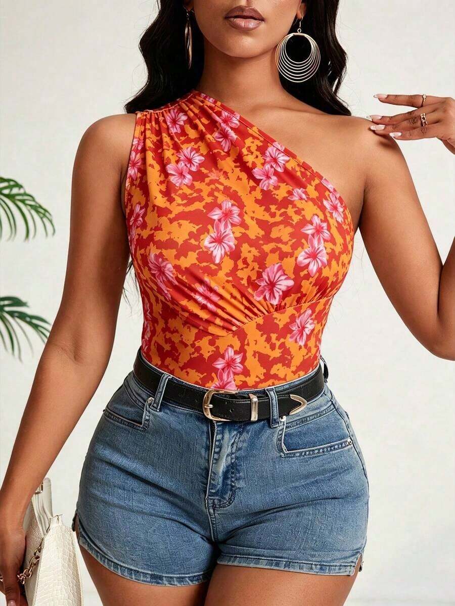 Top unicolor de un hombro fruncido - Naranja - Ver 1