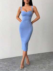 Vestido midi ajustado y entallado con parte trasera dividida, copa de busto y cadera azul - Azul - Ver 3
