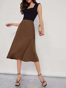 de satén de cintura alta de unicolor para mujer, falda minimalista elegante para oficina y uso diario, adecuada para el trabajo, casual de negocios, profesora - Café integral - Ver 7