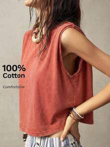 Top sin mangas de cuello redondo para vacaciones de mujer - Rosa vieja - Ver 1