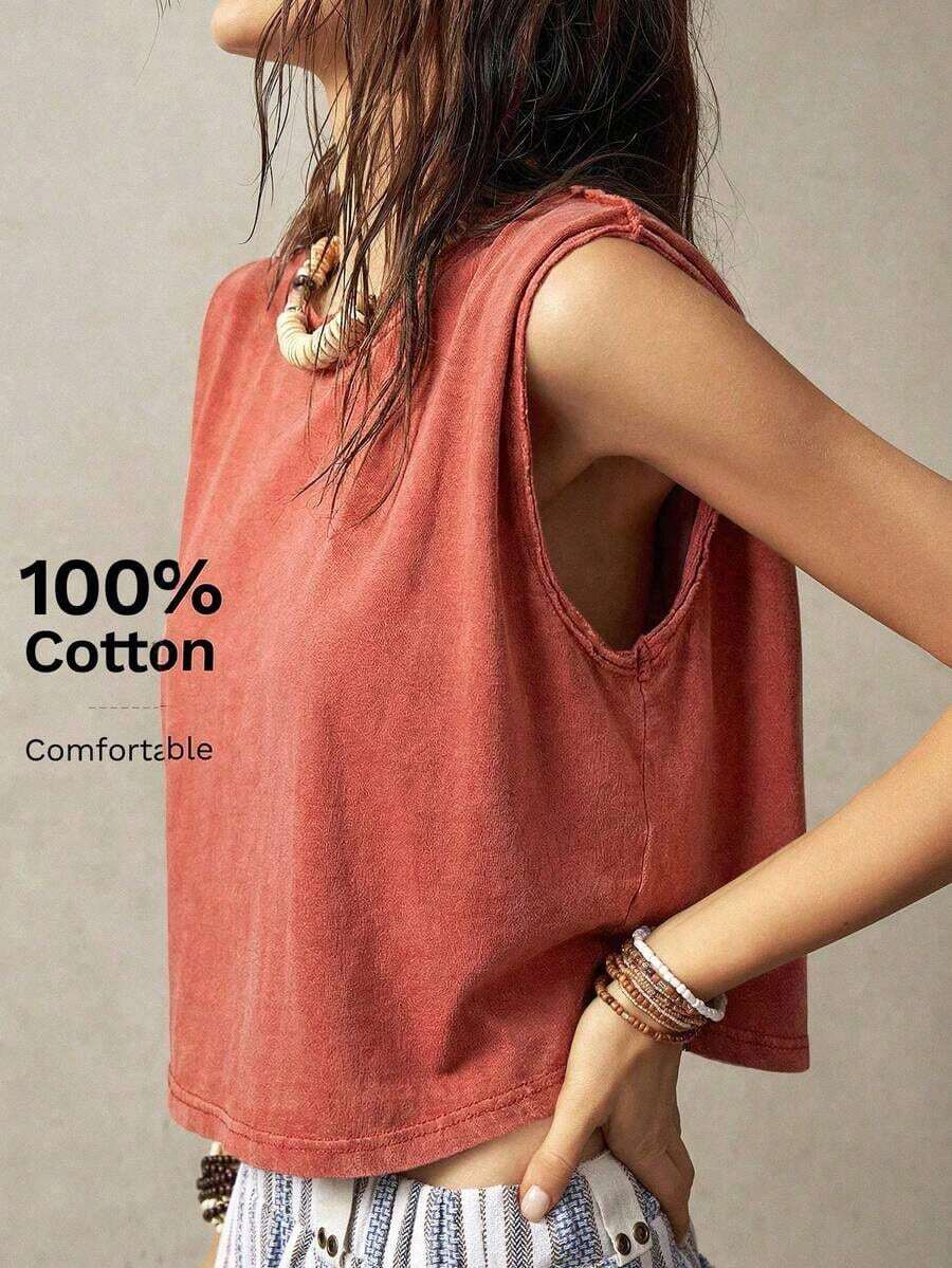Top sin mangas de cuello redondo para vacaciones de mujer - Rosa vieja - Ver 1