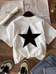 3 piezas/Set Camisetas cortas de ajuste ceñido con estampado de estrella OK minimalista casual para mujer, verano - Multicolor - Ver 3