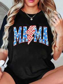 Plus Size T-Shirt For Mom (Summer) Comfortable, 100% Cotton, Breathable, Round Neck, Creative Letter Print, Machine Washable. - 黑色 - 查看 7