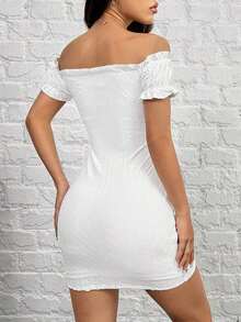 Vestido ajustado de punto con hombros descubiertos - Blanco - Ver 3