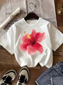 Sommar Toppar Dam 2026 Y2K Hawaiian Style Hibiscus Flower Print T-Shirt, Hibiscus Flower Print T-Shirt, Floral Print T-Shirt, Girls Summer Short Sleeve Round Neck Clothing, Kids Girls Clothing Haut éTé - 白色 - 查看 1