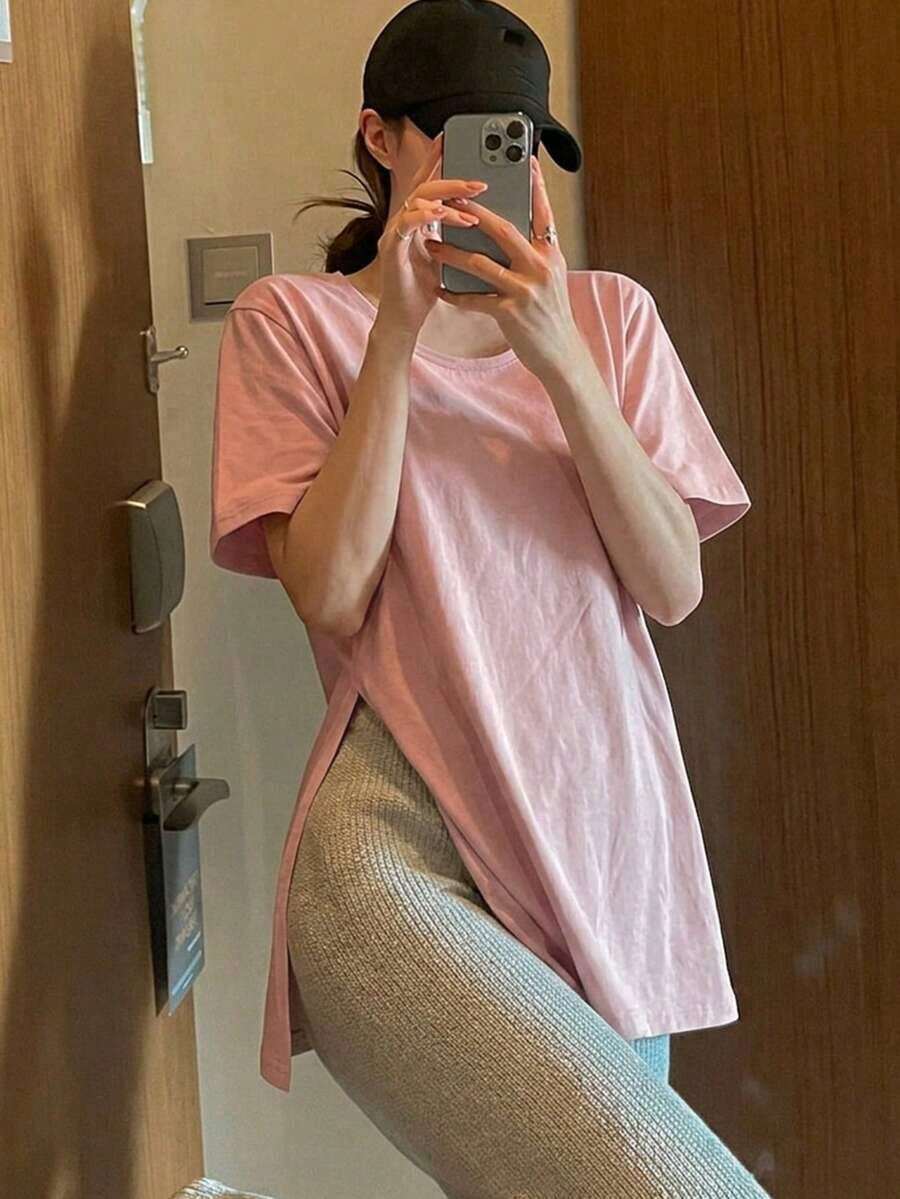 Camiseta con abertura en el bajo, estilo preppy - Rosa - Ver 1