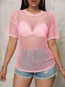 Camiseta de mujer de manga corta, versátil, sexy y casual, de malla de ganchillo suelta, para festival de música - Rosa - Ver 7
