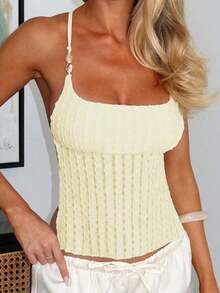 de tirantes ajustada de unicolor casual para mujer Vaiaye, con decoración de concha, textura de jacquard, adecuada para la playa, el Día de San Patricio y el trayecto al trabajo en verano - Amarillo 2 - Ver 4
