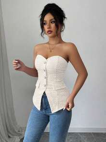 Top corto ajustado de verano para mujer con textura rosa, con detalle de botón de perla - Albaricoque - Ver 1
