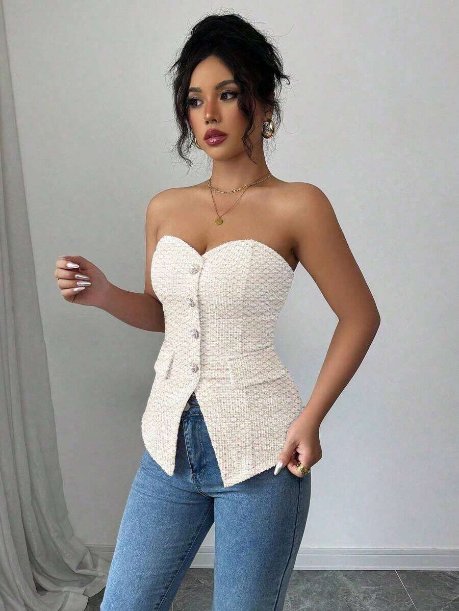 Top corto ajustado de verano para mujer con textura rosa, con detalle de botón de perla - Albaricoque - Ver 1