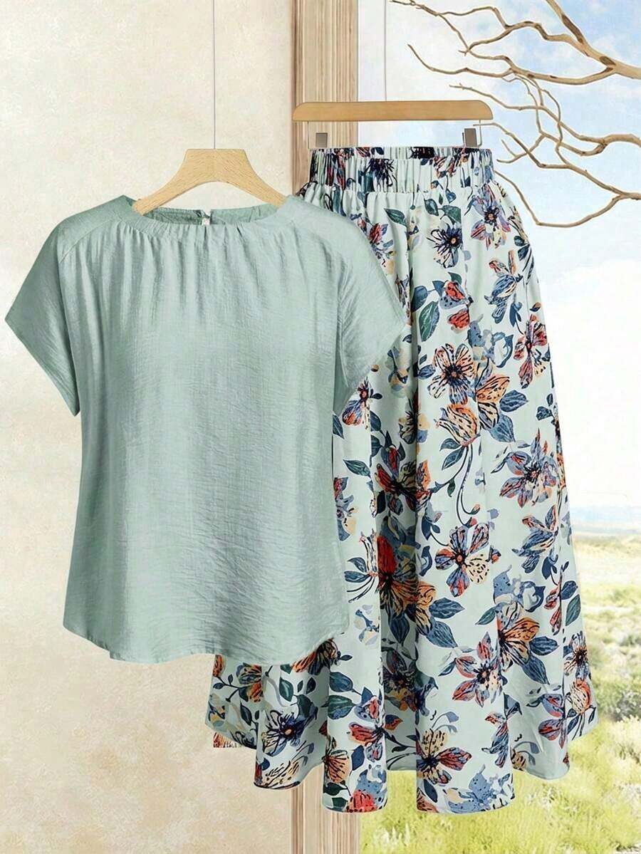 2 piezas Conjunto de top casual de unicolor + falda con estampado geométrico blanco y negro para vacaciones de mujer, Conjunto de ropa de verano para mujer, Conjunto de falda y top de verano, Conjunto de falda y top de mujer, Conjunto de falda - Azul - Ver 1