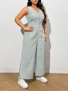 Enterizo casual sin mangas de talla grande con cuello en V y estampado de rayas con botón de un solo pecho - Verde - Ver 6