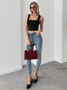Top de depósito casual corto de verano para mujer con cuello cuadrado básico y unicolor - Negro - Ver 3
