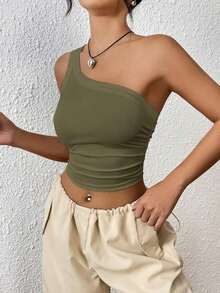 Top Sólido Del Color De La Mujer Sin Mangas Con Un Hombro Descubierto - Verde militar - Ver 6