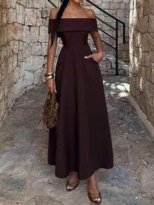 Vestido de mujer de unicolor con hombros descubiertos, nuevo vestido largo elegante y ajustado sin espalda para fiestas, uso diario y citas - Marrón - Ver 1