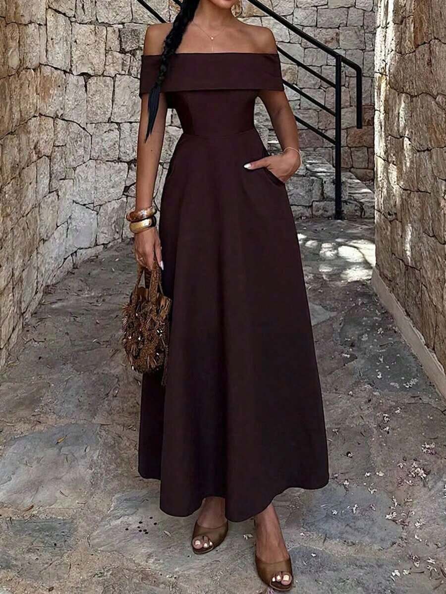 Vestido de mujer de unicolor con hombros descubiertos, nuevo vestido largo elegante y ajustado sin espalda para fiestas, uso diario y citas - Marrón - Ver 1