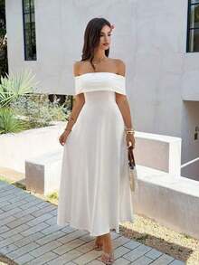 Vestido de mujer de unicolor con hombros descubiertos, nuevo vestido largo elegante y ajustado sin espalda para fiestas, uso diario y citas - Blanco 2 - Ver 9