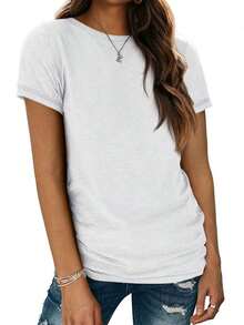 2026 Nueva Moda en Ropa OUTBALL Camisetas de Manga Corta para Mujer, Cuello Redondo, Tops Básicos de Moda, Corte Holgado, Ropa Casual de Verano, Prendas Suaves - Blanco - Ver 6