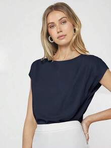 Blusa de mujer de cuello redondo y mangas cortas tipo murciélago, estilo básico urbano y de viaje, moda sencilla y elegante para uso casual en la oficina, adecuada para maestras y oficinistas, otoño - Azul marino - Ver 7