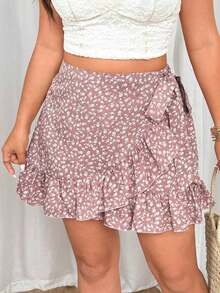 Minifalda ajustada con volantes en el bajo, estampado floral pequeño, estilo romántico de vacaciones en tallas grandes - Albaricoque - Ver 8