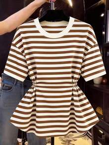 Camiseta de manga corta de cuello redondo con cintura a rayas, casual de verano para mujer - Marrón - Ver 4