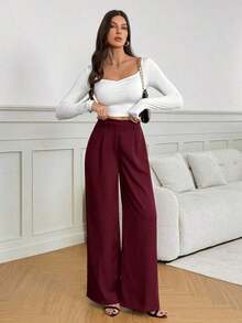 Tall Pantalones anchos de cintura alta de unicolor y versátiles, pantalones de cintura alta de estilo casual de otoño e invierno, pantalones negros de mujer, pantalones negros de vestir de pierna ancha, pantalones negros casuales, pantalones de esti - Burdeos - Ver 6