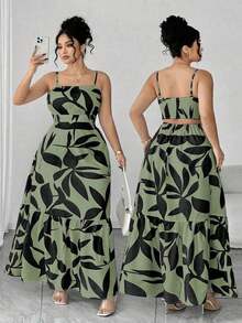Vestido elegante de mujer talla grande con tirantes finos, cintura fruncida y diseño evasé, con estampado de hojas de dos colores, diseño evasé estilizador, elegante y sofisticado, adecuado para volver al colegio, graduación, San Valentín, festiva - Verde militar - Ver 5
