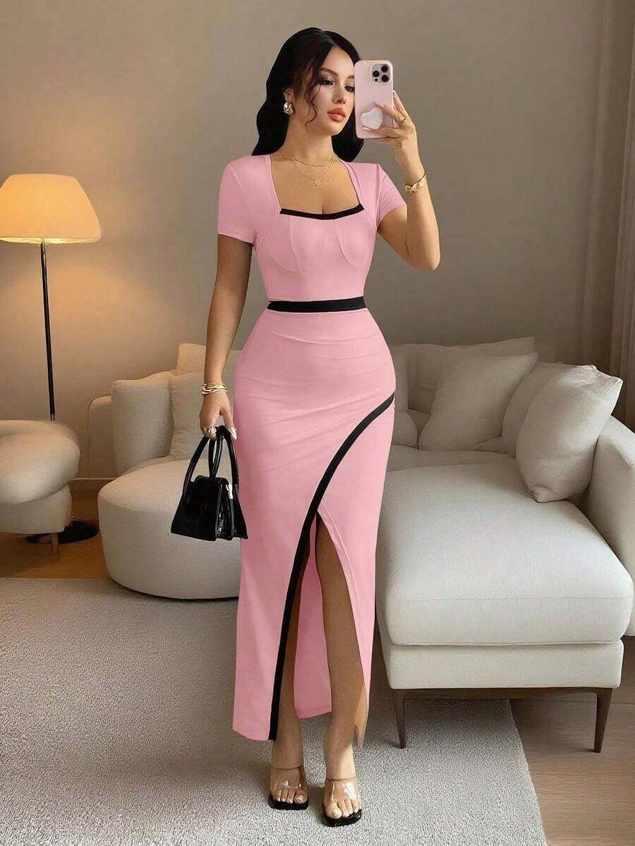YHHRafferiza Nuevo vestido de Body ceñido con cuello cuadrado elegante y abertura en la cintura, estilo europeo y americano para mujeresYHH - Rosa Pálido - Ver 1