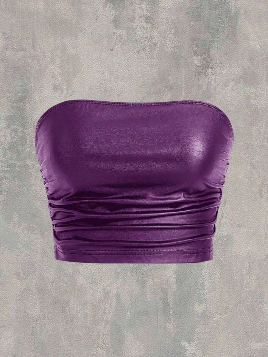 Top sin tirantes negro de punto para mujer, top liso negro casual con pliegues y ajustado para mujer, uso diario casual de primavera/verano - Morado - Ver 1