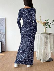 Vestido largo con cuello cuadrado, manga larga y bajo con abertura, estampado de leopardo, para uso casual diario en otoño/invierno - Multicolor 2 - Ver 2