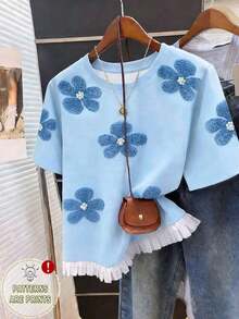 Camiseta de manga corta con dobladillo con flecos, de corte holgado y casual para mujer, en color marrón y café, con estilo sencillo y elegante, adecuada para volver al colegio o el Día del Maestro - Azul marino 2 - Ver 1