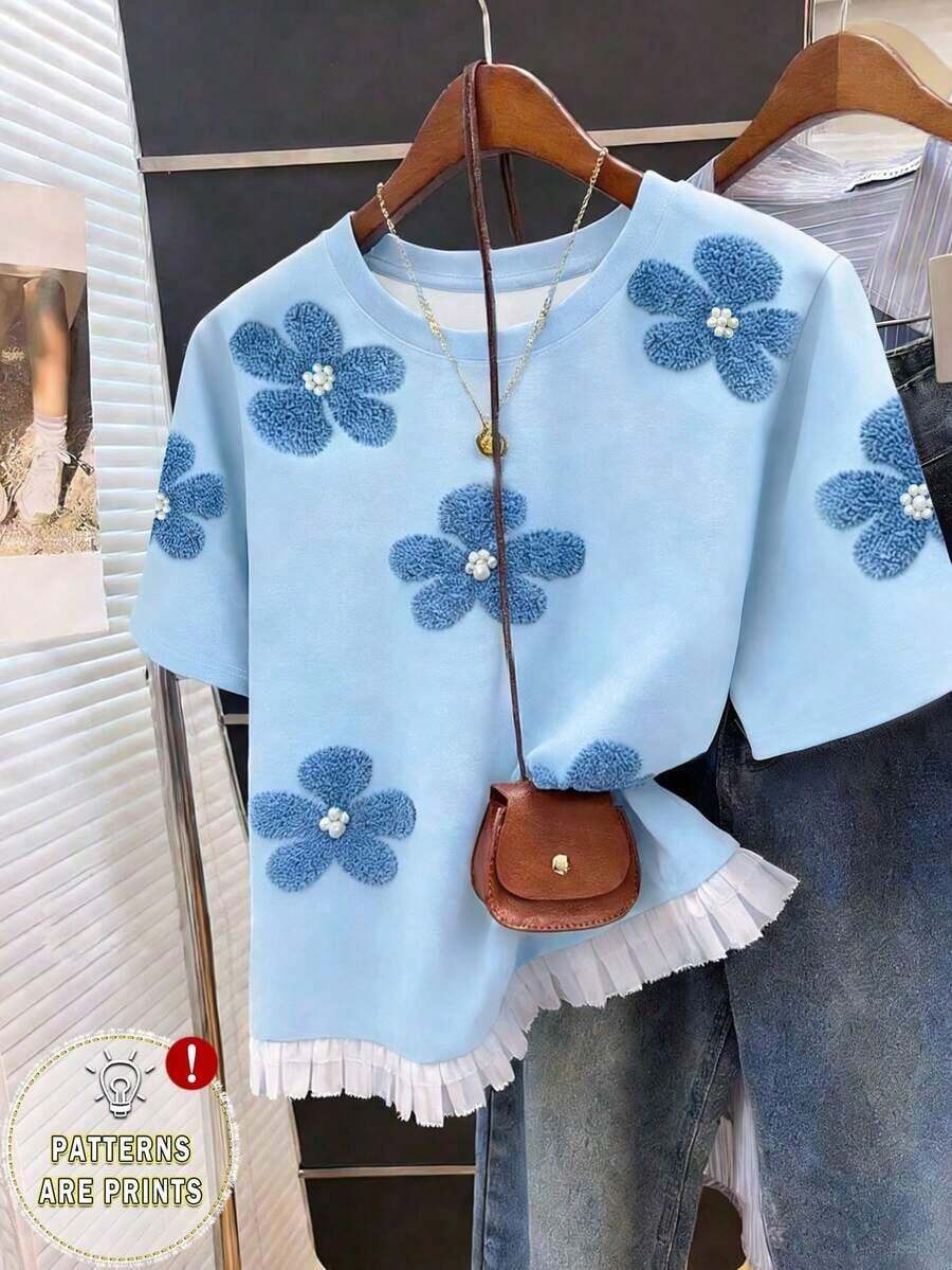 Camiseta de manga corta con dobladillo con flecos, de corte holgado y casual para mujer, en color marrón y café, con estilo sencillo y elegante, adecuada para volver al colegio o el Día del Maestro - Azul marino 2 - Ver 1