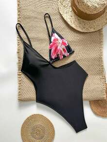 Swim  Traje de baño de una pieza para mujer de verano con tirantes finos, estampado de posicionamiento de unicolor y sexy - Negro - Ver 3