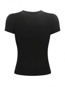Camiseta casual de manga corta y cuello redondo ajustada para mujer, color café - Negro 2 - Ver 2