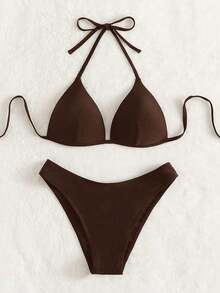Conjunto de bikini liso, sujetador push up y parte inferior de bikini, traje de baño de 2 piezas - Marrón - Ver 6