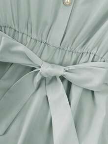 Vestido de mujer de longitud media, cómodo y suave, sin estiramiento, con cuello redondo, mangas de vuelo, cintura elástica, decoración de botones de perla, estilo francés elegante y versátil para vacaciones y viajes, color albaricoque, primavera - Verde Gris - Ver 4