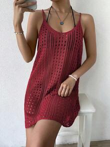 Vestido cover up tejido con abertura sin bikini - Rojo - Ver 6
