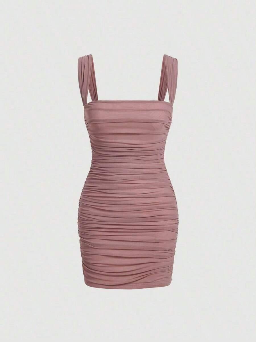 Vestido ajustado de cuello cuadrado fruncido - Rosa vieja - Ver 1