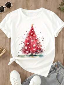 Camisetas de manga corta para mujer - Camiseta blanca de Navidad - Corte holgado - Árbol de Navidad en acuarela con adornos rojos y estrella dorada - Tela suave y transpirable - Manga corta - Cuello redondo - Top para fiestas navideñas - Copo de nieve rosa y dorado. - Blanco - Ver 2