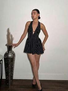 Bello Vestido mini de verano con escote halter y espalda abierta con estampado de lunares para mujer - Negro - Ver 5