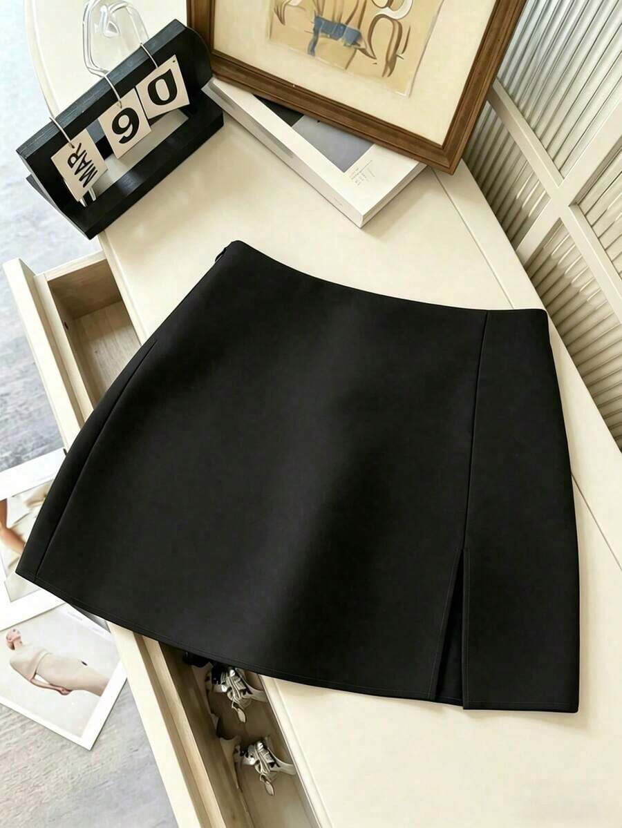 Falda de unicolor elegante, adecuada para negocios, viajes, estilo vintage romántico, casual de calle, citas, cenas, vacaciones y reuniones.Diseño con abertura lateral a la moda y sexy para primavera y verano - Negro - Ver 1
