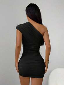 mini ajustado con pliegues de unicolor para mujer, atuendos de verano y club, sexy - Negro - Ver 2