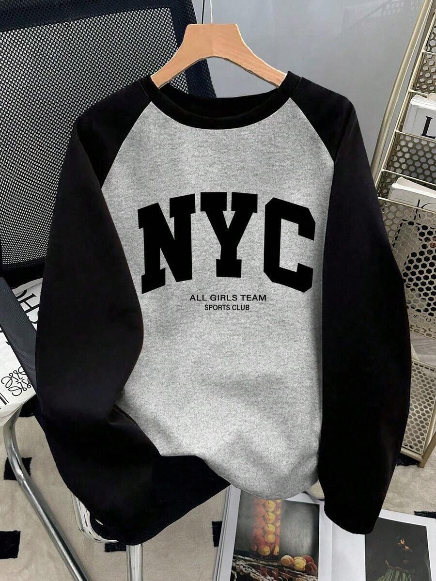 Camiseta de manga larga con cuello redondo, estampado de letras y contraste de color para mujer - Gris Claro - Ver 1
