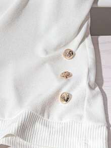 Camiseta casual de verano de unicolor para mujer, versátil, con decoración de botones - Blanco - Ver 5