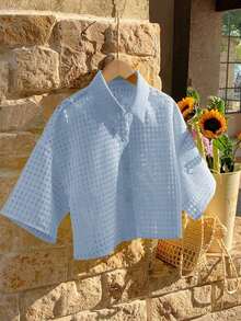 Blusa corta tejida amarilla para mujeres - Azul - Ver 6