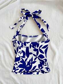 Parte superior de punto ajustada de mujer con cuello de lazo de color blanco, con estampado de hojas tropicales azules, adecuado para vacaciones de verano - Multicolor - Ver 2