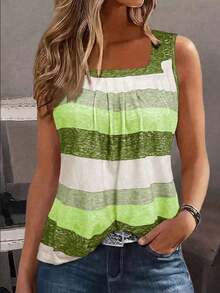 Camiseta sin mangas de mujer con bloques de color y rayas, estilo casual para vacaciones - Verde - Ver 1