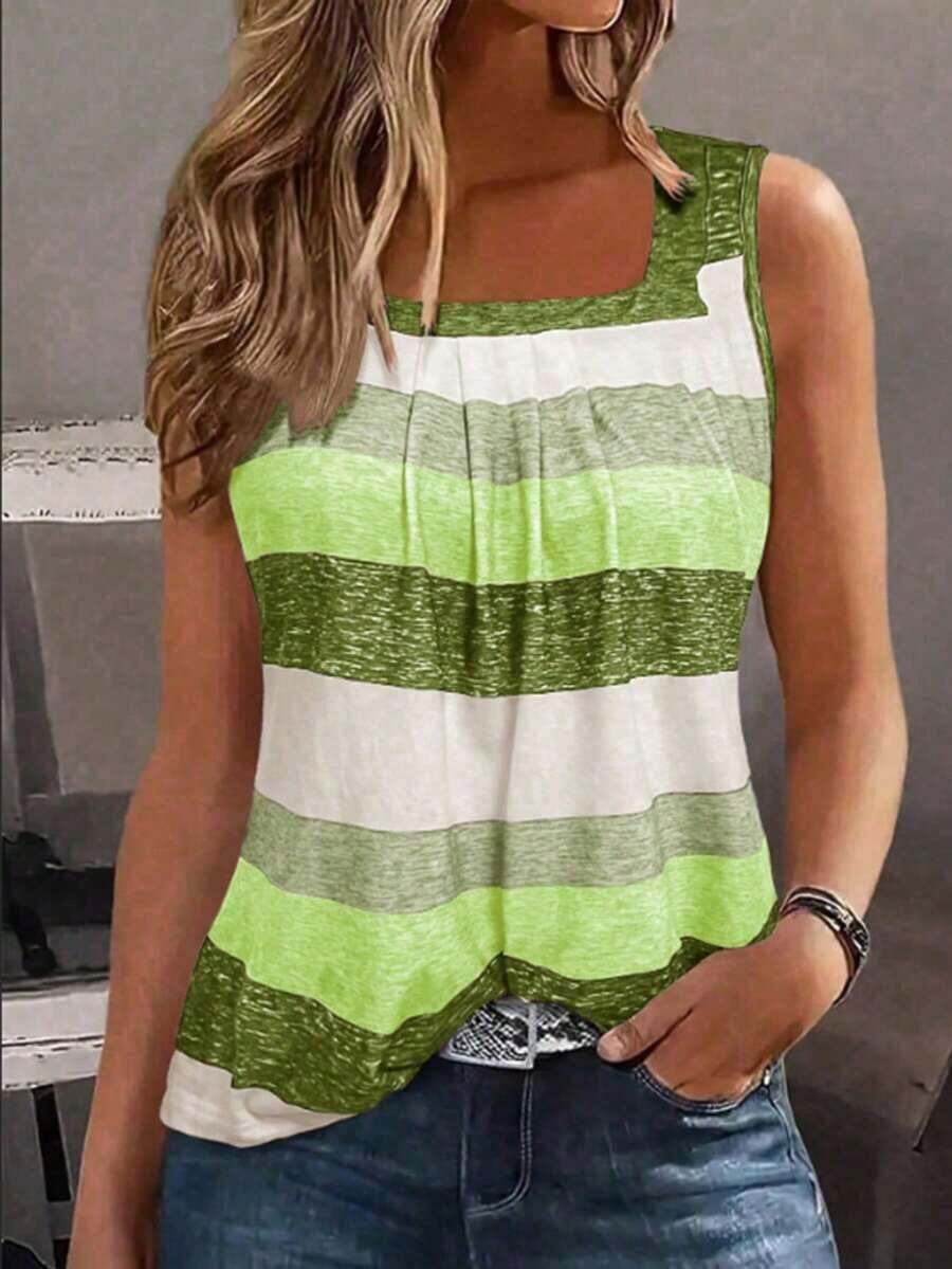 Camiseta sin mangas de mujer con bloques de color y rayas, estilo casual para vacaciones - Verde - Ver 1