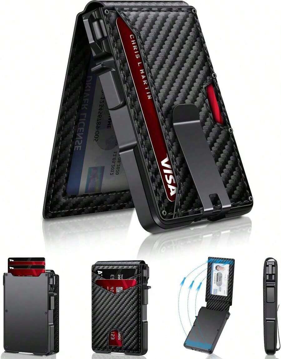 Wallet Men, Mens Minimalist Wallet 9-13 Cards, Slim Compact Wallet With Money Clip & ID Window, RFID Blocking Up Card Wallet, Metal Aluminum Credit Card Holder Bifold Wallet - Carbon Fiber - View 1